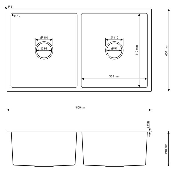 Erga HD, 2 kamrás acél mosogató 800x450x210 mm, grafit, ERG-MLS-HD8045B