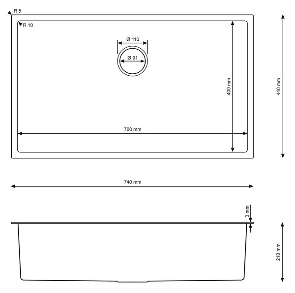 Erga HD, 1 kamrás acél mosogató 740x440x210 mm, arany, ERG-MLS-HD7444G