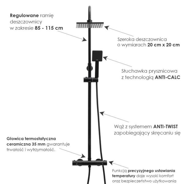 Erga Flova, zuhanygarnitúra termosztatikus csapteleppel és esőfejjel 20x20cm, fekete matt, ERG-YKA-BP.FLOVA THERM 20 BLK