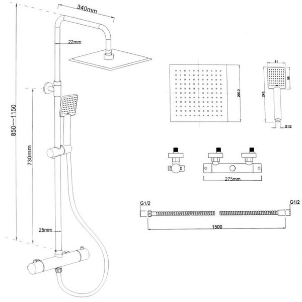 Erga Flova, zuhanygarnitúra termosztatikus csapteleppel és esőfejjel 20x20cm, fekete matt, ERG-YKA-BP.FLOVA THERM 20 BLK
