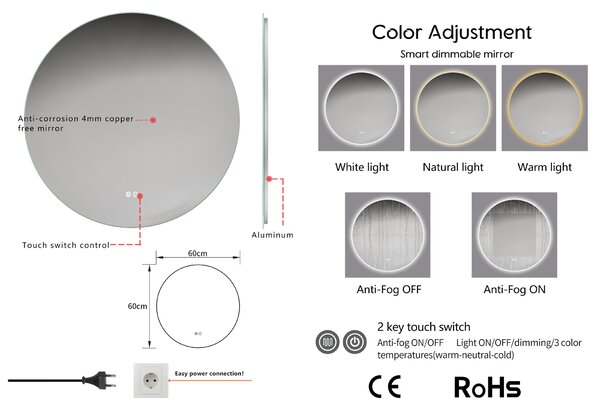 Erga Sofia, kerek LED tükör 60cm páramentes fűtőbetéttel, ERG-V01-207-6060