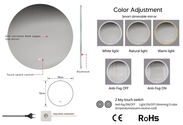Erga Sofia, kerek LED tükör 70cm páramentes fűtőbetéttel, ERG-V01-207-7070