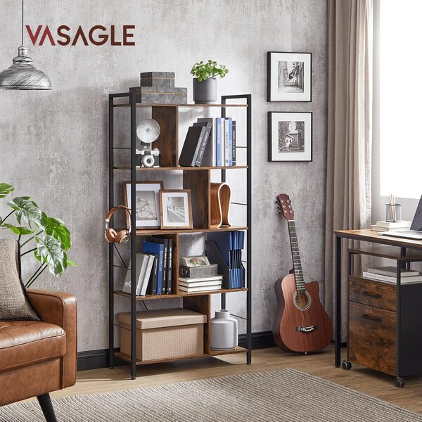 VASAGLE könyvespolc, 5 polc, nyitott rekeszes, irodai használatra, industrial stílusú, rusztikus barna LBC121B01