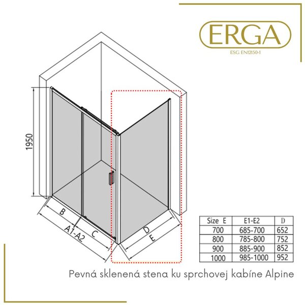 Erga Alpine, fix zuhanyfal 70x195 cm, 6mm átlátszó üveg, króm profil, ERG-V02-ALPINE-G070-CR
