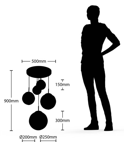 Lindby függőlámpa Heleska, fehér, üveg, 5 lámpás, Ø 50 cm, dimmelhető, Alu / szürke / cink, Nappali / Étkező, fém, Modern
