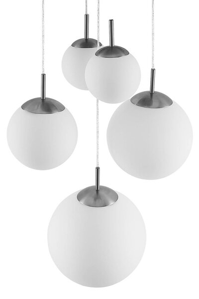 Lindby függőlámpa Heleska, fehér, üveg, 5 lámpás, Ø 50 cm, dimmelhető, Alu / szürke / cink, Nappali / Étkező, fém, Modern