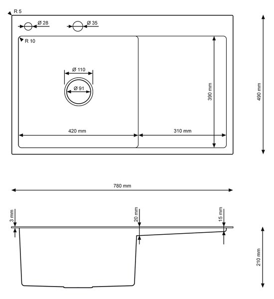 Erga HD, 1 kamrás acél mosogató 780x490x210 mm, bal, acél, ERG-MLS-HD7849L