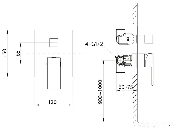 Sapho Sapho, CUBEMIX rejtett zuhanycsaptelep, 2 kimenet, fekete matt, CM042B