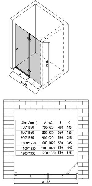 Erga Bern, 1-szárnyú osztott zuhanyajtó nyitásra 70x195 cm, 6mm átlátszó üveg, fekete profil, ERG-V02-BERN-D070-BK