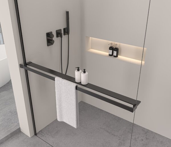 Erga Paris, zuhanykabin 50x200 cm polccal és törülközőtartóval, 8 mm átlátszó üveg, fekete profil, ERG-V02-PARIS-050x200-CL-BK-BAR