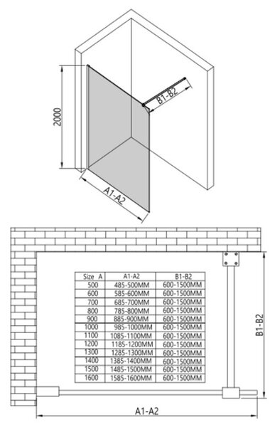 Erga Paris, Beépíthető zuhanyfal 50x200 cm, 8 mm-es matt üveg, fehér profil, ERG-V02-PARIS-050x200-FR-WH