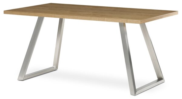 Stůl jídelní 160x90cm, MDF+ dýha, odstín dub, kovové nohy, broušený nerez