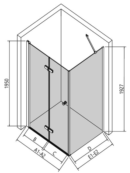 Erga Berlin, zuhanykabin összecsukható ajtóval 120 (ajtó) x 70 (fal) x 195 cm, 6mm átlátszó üveg, fekete profil, ERG-V02-BERLIN-D120G070-CL-BK