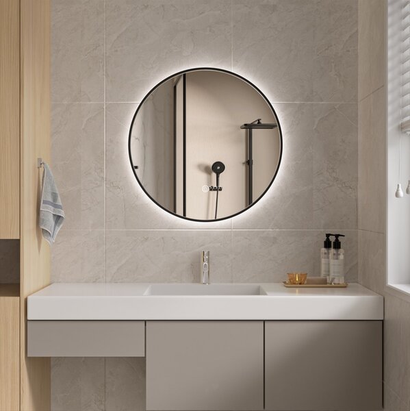 Erga Emma, ​​​​kerek LED tükör 50cm, fekete fém keret, 1150 lm, 6500K, háttérvilágítás, ERG-V01-201-5050-BK