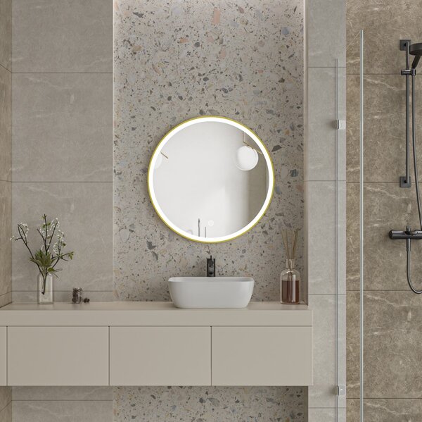 Erga Olivia, kerek LED tükör 80cm, arany fém keret, 1840 lm, 6500K, első világítás, ERG-V01-202-8080-GD