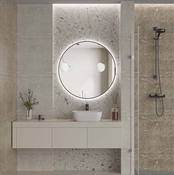 Erga Emma, ​​kerek LED tükör 90cm, fekete fém keret, 2070 lm, 6500K, háttérvilágítás, ERG-V01-201-9090-BK