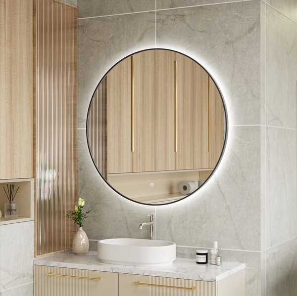 Erga Emma, ​​kerek LED tükör 90cm, fekete fém keret, 2070 lm, 6500K, háttérvilágítás, ERG-V01-201-9090-BK