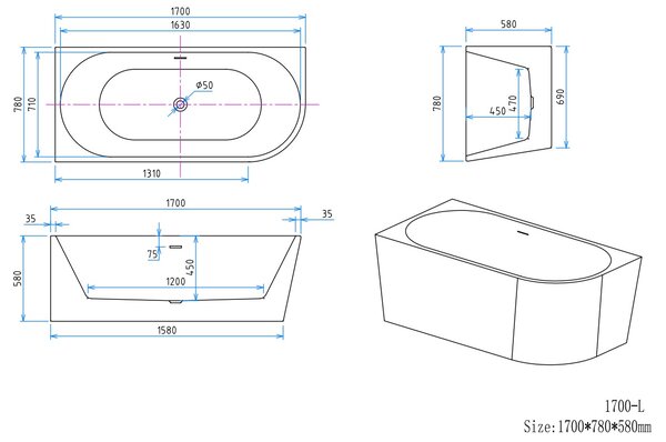 Erga Zara, sarok szabadon álló kád 170x78 cm + leeresztő csavar, bal, fehér fényes, ERG-Zara-170078L-WH-WH