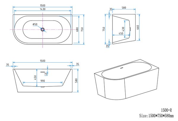 Erga Zara, sarok szabadon álló kád 150x75 cm + leeresztő csavar, jobb, fehér fényes, ERG-Zara-150075R-WH-WH