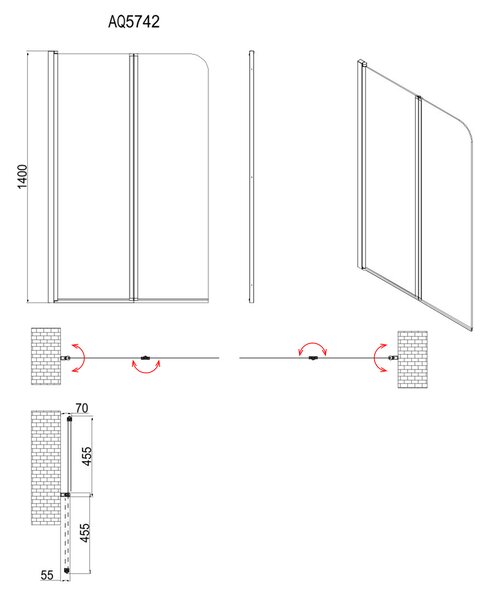 Aqualine Aqualine, WILA kádparaván 900x1400 mm, összecsukható, fekete, átlátszó üveg, AQ5742B
