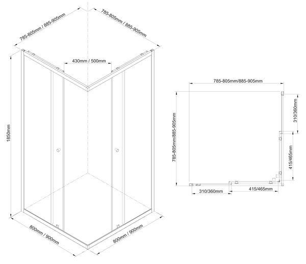 Aqualine Aqualine, AGGA BLACK négyzet alakú zuhanyparaván 800x800mm, átlátszó üveg, BLF808