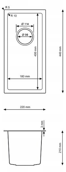 Erga HD, 1 kamrás acél mosogató 220x440x210 mm, csiszolt arany, ERG-MLS-HD2244G