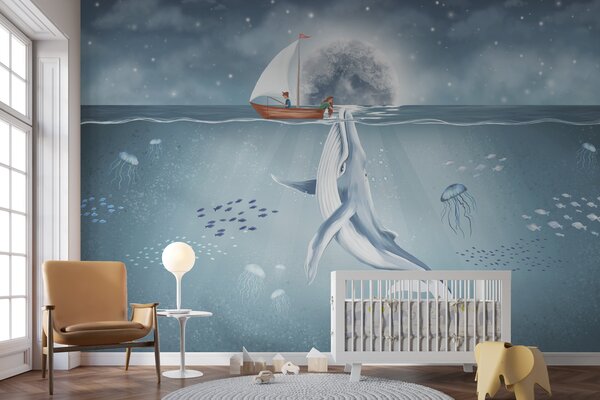 Fotótapéta Gyermek design bálnával, holddal és hajóval gyerekekkel, Gyerek fotótapéta, w02476 : Uwalls.hu