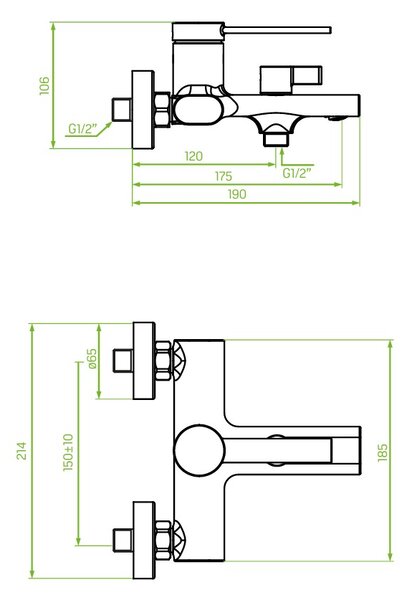 Laveo Pinar, falra szerelhető kádcsaptelep zuhanygarnitúra nélkül 150mm, fekete matt, LAV-BAW_710D