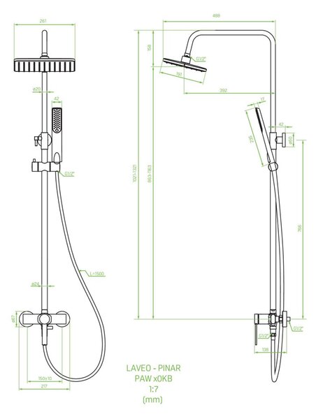 Laveo Pinar, falra szerelhető zuhanygarnitúra h-1000-1300, króm, PAW00KB, LAV-PAE_00KB