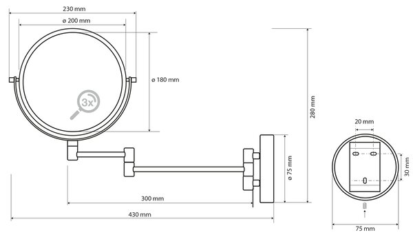 Sapho Sapho, X-ROUND BLACK függesztett kozmetikai tükör átmérő 190mm, fekete, XR006B