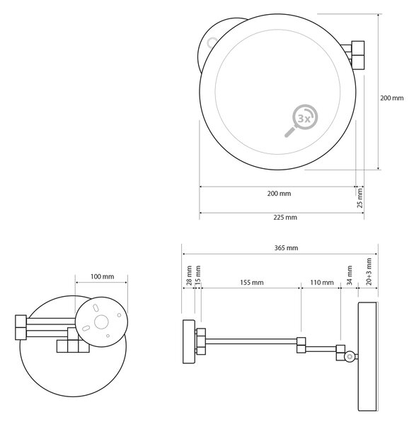 Sapho Sapho, X-ROUND BLACK függesztett LED kozmetikai tükör, átmérő 200mm, fekete, XR016B