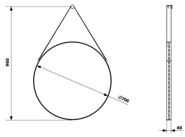 Sapho Sapho, ORBITER kör tükör bőrszíjjal, ø 70cm, fekete matt, ORT070