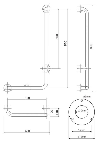 Sapho Sapho, HANDICAP fali fogantyú jobb 810x550mm, rozsdamentes fényes, XH524