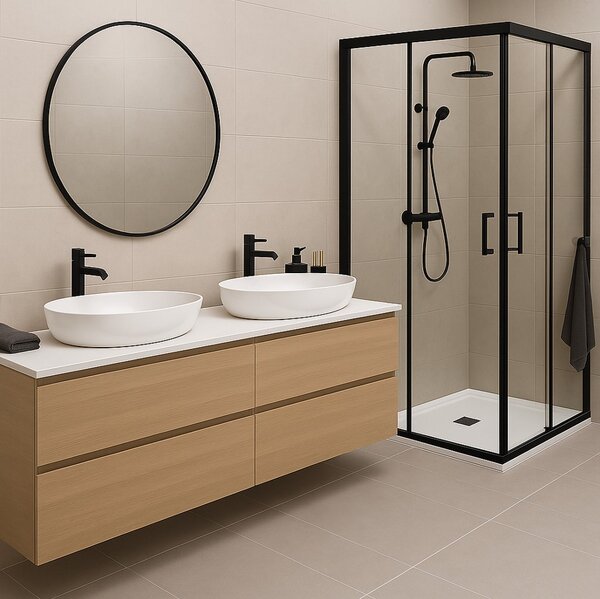 Erga Tucson, tolóajtós zuhanykabin 70 (ajtó) x 70 (fal) x 190 cm, 6mm átlátszó üveg, fekete profil, ERG-S02-TUCSON-D070D070-CL-BK