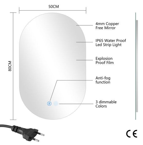 Erga Dalia, ovális LED tükör 50x80cm, 3 színű fény, háttérvilágítás, páramentes fűtőbetét, ERG-V01-Dalia-5080-CL