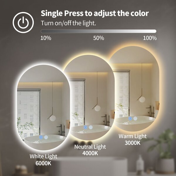 Erga Dalia, ovális LED tükör 60x100cm, 3 színű fény, háttérvilágítás, páramentes fűtőbetét, ERG-V01-Dalia-6010-CL