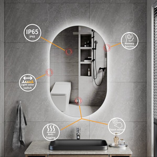 Erga Dalia, ovális LED tükör 50x80cm, 3 színű fény, háttérvilágítás, páramentes fűtőbetét, ERG-V01-Dalia-5080-CL
