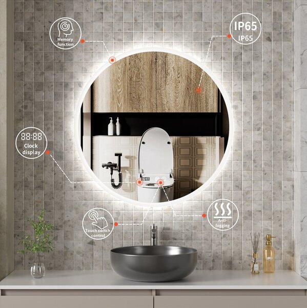 Erga Deam, kerek LED-es tükör 50cm, 3 színű fény, első világítás, páramentesítő fűtőbetét, ERG-V01-Deam-5050-CL