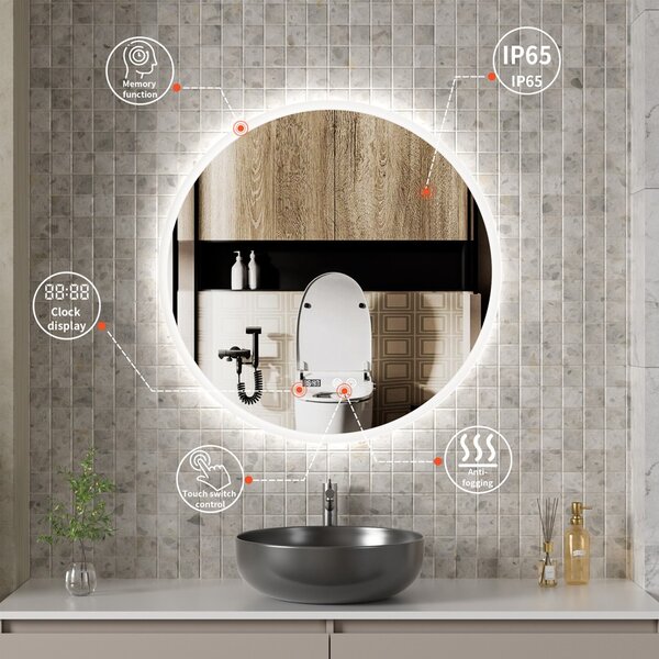 Erga Deam, kerek LED-es tükör 120cm, 3 színű fény, első világítás, páramentesítő fűtőbetét, ERG-V01-Deam-1212-CL