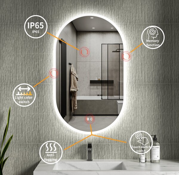 Erga Demi, ovális LED tükör 60x100cm, 3 színű fény, első világítás, páramentes fűtőbetét, ERG-V01-Demi-6010-CL