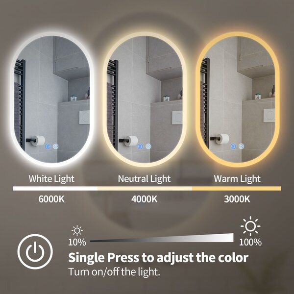 Erga Demi, ovális LED tükör 60x90cm, 3 színű fény, első világítás, páramentes fűtőbetét, ERG-V01-Demi-6090-CL
