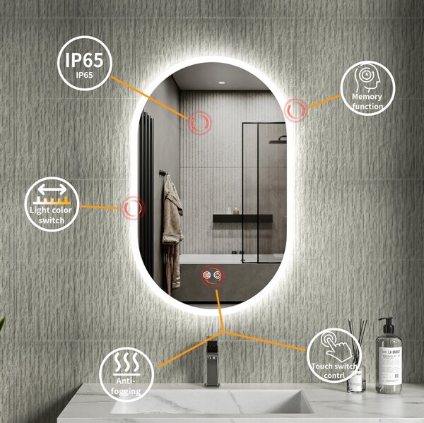 Erga Demi, ovális LED tükör 50x80cm, 3 színű fény, első világítás, páramentes fűtőbetét, ERG-V01-Demi-5080-CL
