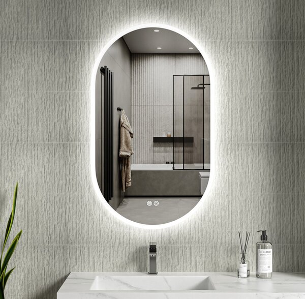 Erga Demi, ovális LED tükör 60x100cm, 3 színű fény, első világítás, páramentes fűtőbetét, ERG-V01-Demi-6010-CL