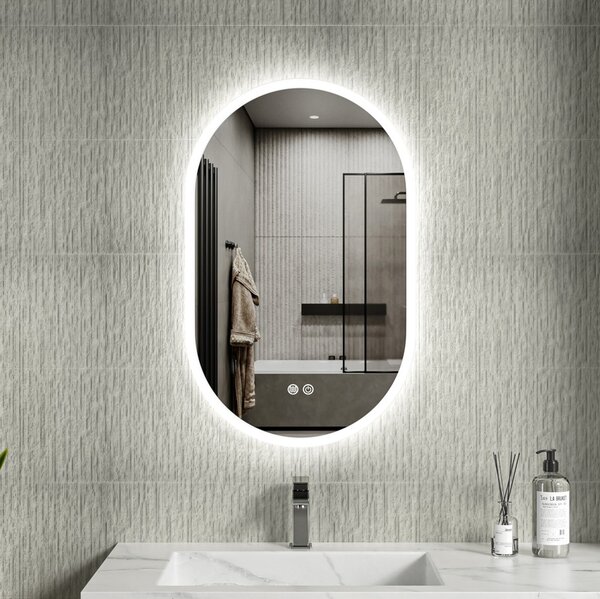 Erga Demi, ovális LED tükör 50x80cm, 3 színű fény, első világítás, páramentes fűtőbetét, ERG-V01-Demi-5080-CL