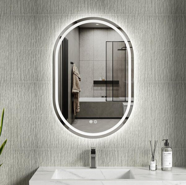 Erga Lyra, ovális LED-es tükör 60x90cm, 3 színű fény, első és hátsó világítás, páramentes fűtőbetét, ERG-V01-Lyra-6090-CL
