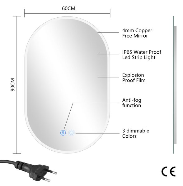 Erga Demi, ovális LED tükör 60x90cm, 3 színű fény, első világítás, páramentes fűtőbetét, ERG-V01-Demi-6090-CL