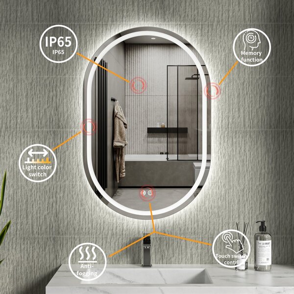 Erga Lyra, ovális LED-es tükör 60x90cm, 3 színű fény, első és hátsó világítás, páramentes fűtőbetét, ERG-V01-Lyra-6090-CL