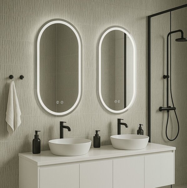 Erga Lyra, ovális LED tükör 40x60cm, 3 fényszín, első és hátsó világítás, páramentes fűtőpárna, ERG-V01-LYRA-4060-CL