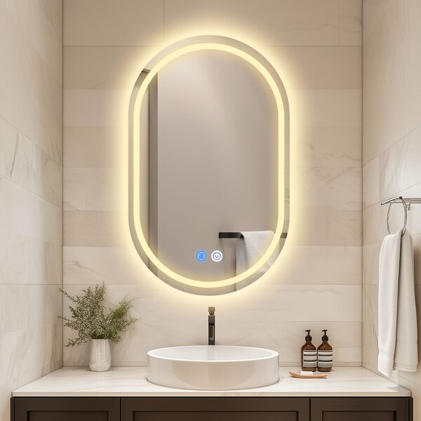Erga Lyra, ovális LED tükör 40x60cm, 3 fényszín, első és hátsó világítás, páramentes fűtőpárna, ERG-V01-LYRA-4060-CL