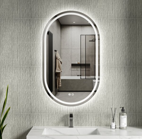 Erga Lyra, ovális LED tükör 60x100cm, 3 színű fény, első és hátsó világítás, páramentes fűtőbetét, ERG-V01-Lyra-6010-CL